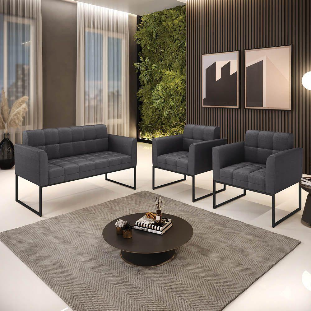 Sofá Namoradeira E 2 Poltronas Industrial Pto Elisa Bouclê Grafite D03 - D?rossi - 6