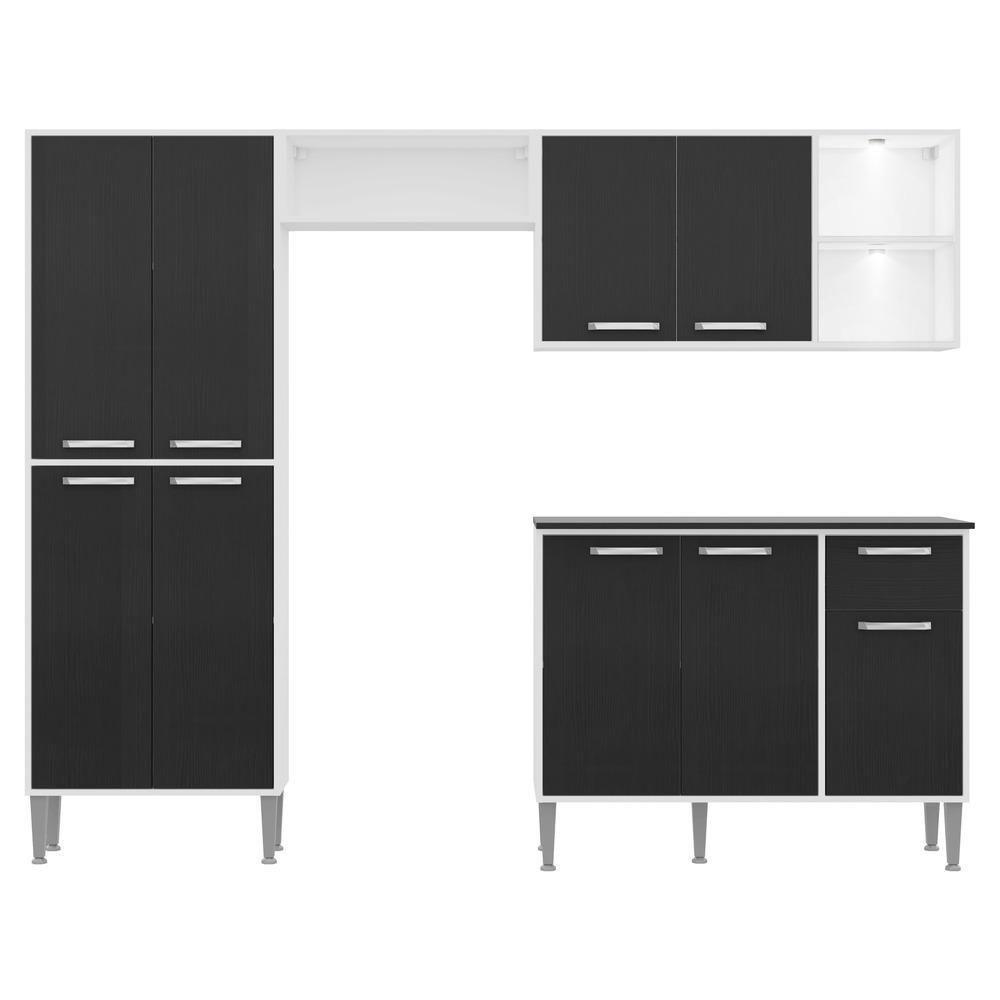 Cozinha Compacta C/ 2 Leds 4 Pçs Xangai Multimóveis V3414 Branca/Preta Branco/Preto - 1