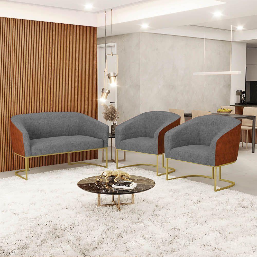 Namoradeira E 2 Poltronas Industrial Dourado Stella Noz/linho D03 - D'rossi Cor Grafite - 3