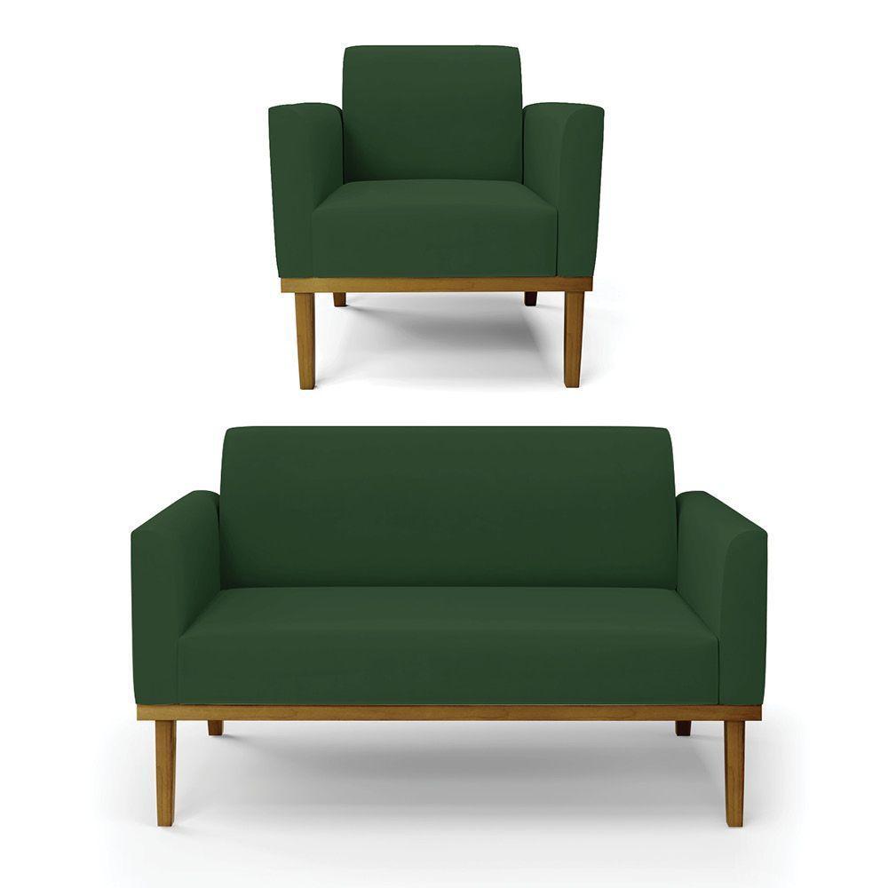 Sofá Namoradeira Com Poltrona Base De Madeira Fixa Castanho Marisa Veludo Verde D03 - D?rossi - 1