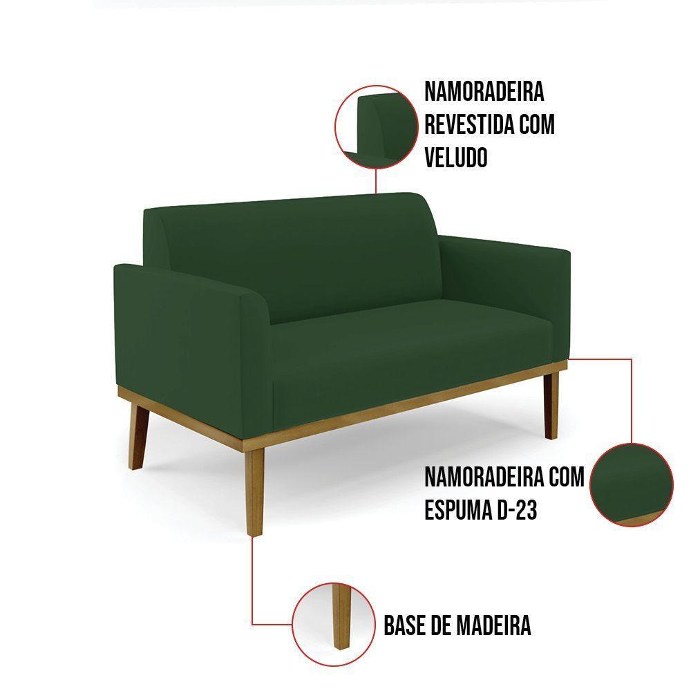 Sofá Namoradeira Com Poltrona Base De Madeira Fixa Castanho Marisa Veludo Verde D03 - D?rossi - 6