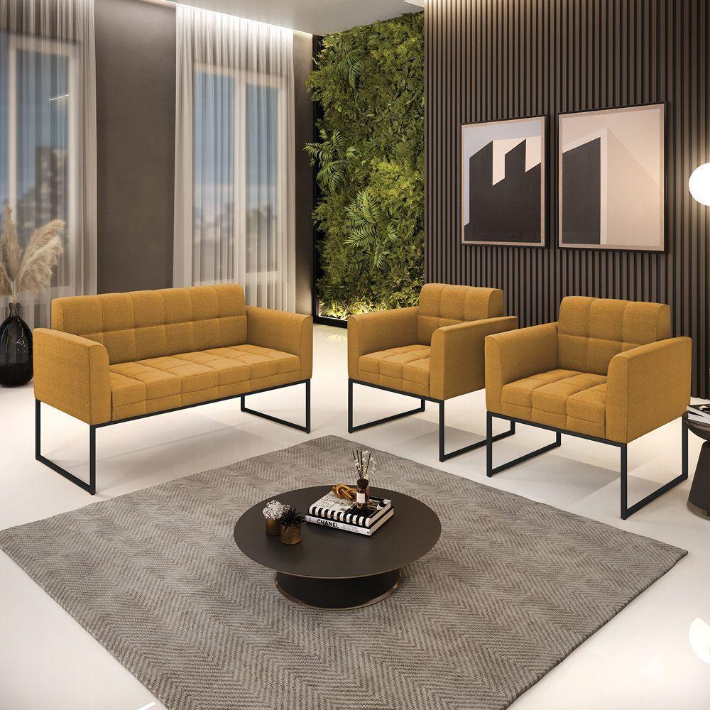 Sofá Namoradeira E 2 Poltronas Industrial Pto Elisa Bouclê Mostard D03 - D?rossi - 3