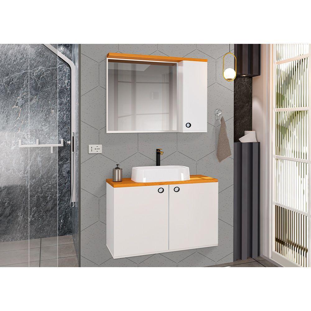 Conjunto Para Banheiro Gabinete Suspenso Com Cuba E Espelheira Madri Branco - 1