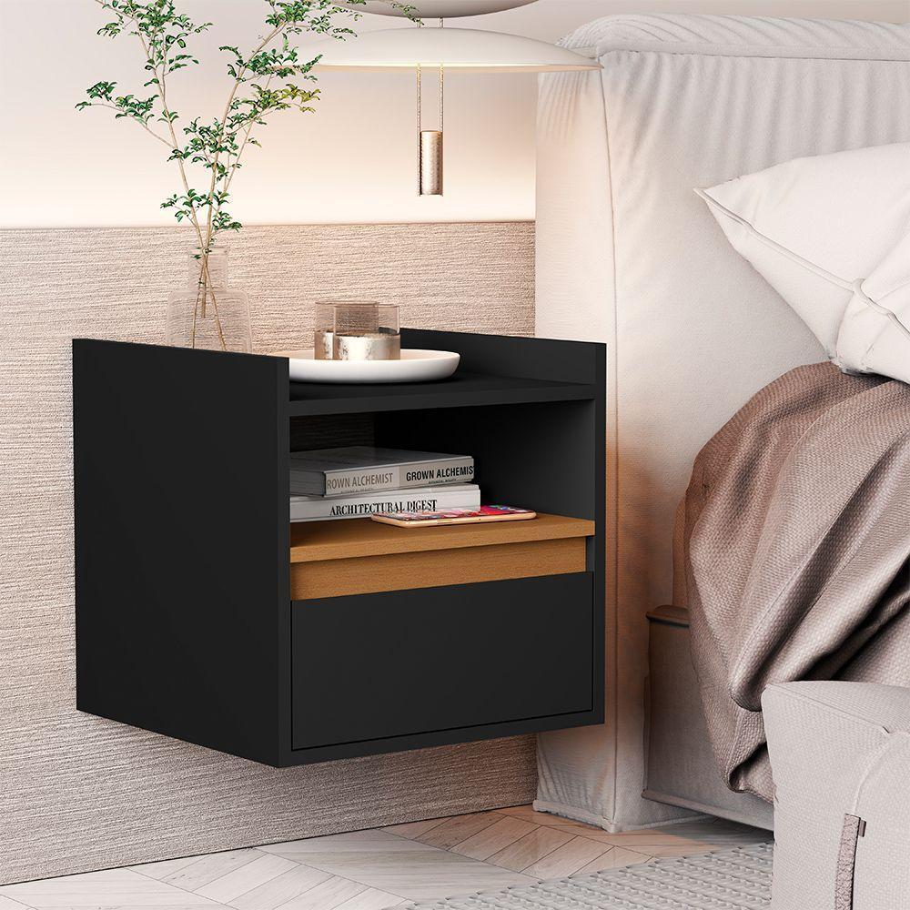 Mesa De Cabeceira Suspensa Minerva Com 1 Porta Preto/nature - 1