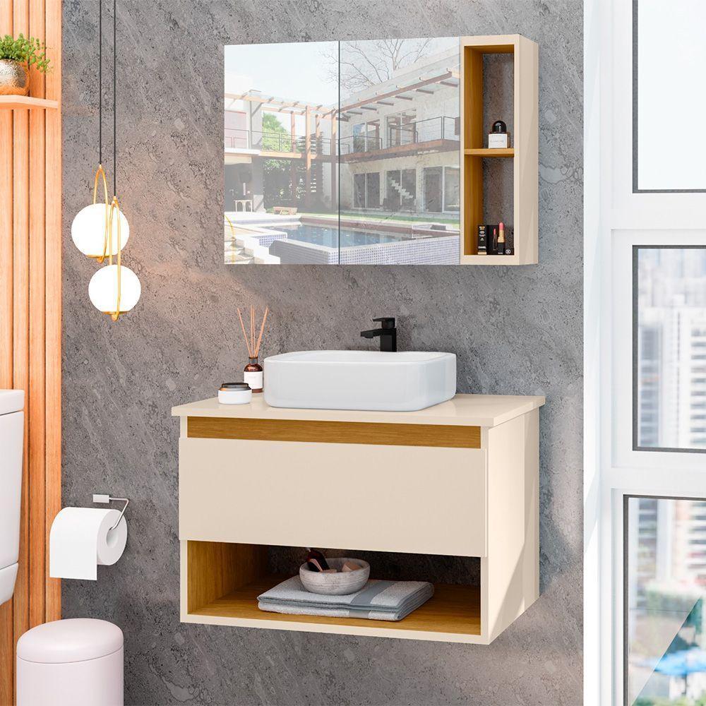 Conjunto Para Banheiro Gabinete Suspenso Com Cuba E Espelheira Florence Off-white - 1