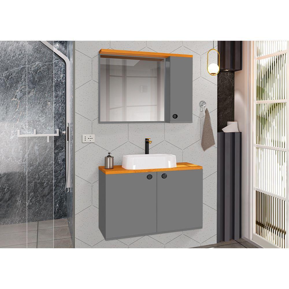 Conjunto Para Banheiro Gabinete Suspenso Com Cuba E Espelheira Madri Cinza - 1
