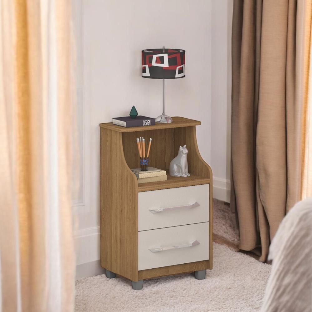 Mesa De Cabeceira Com 02 Gavetas Topázio Freijó E Off White - 1