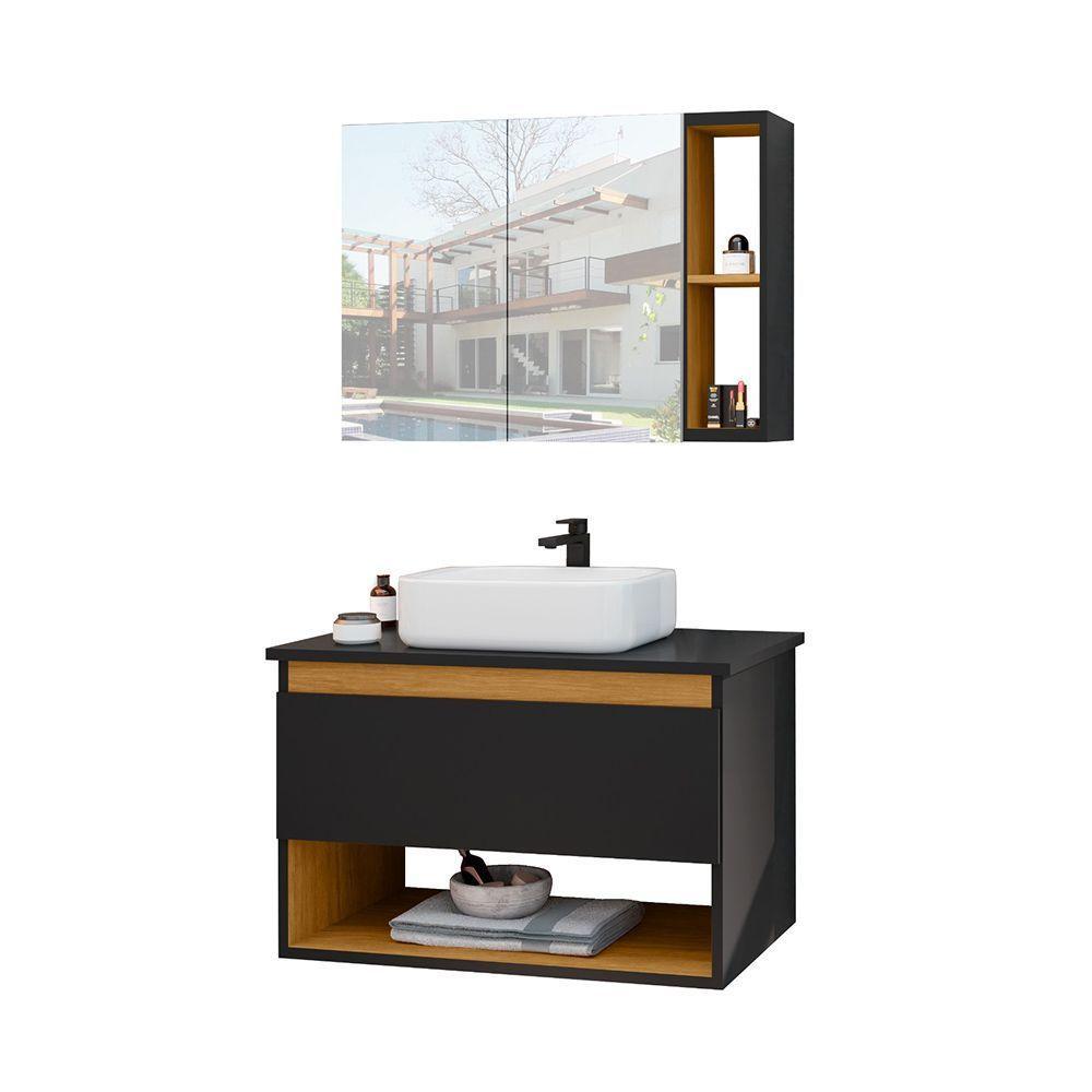 Conjunto Para Banheiro Gabinete Suspenso Com Cuba E Espelheira Florence Preto - 2