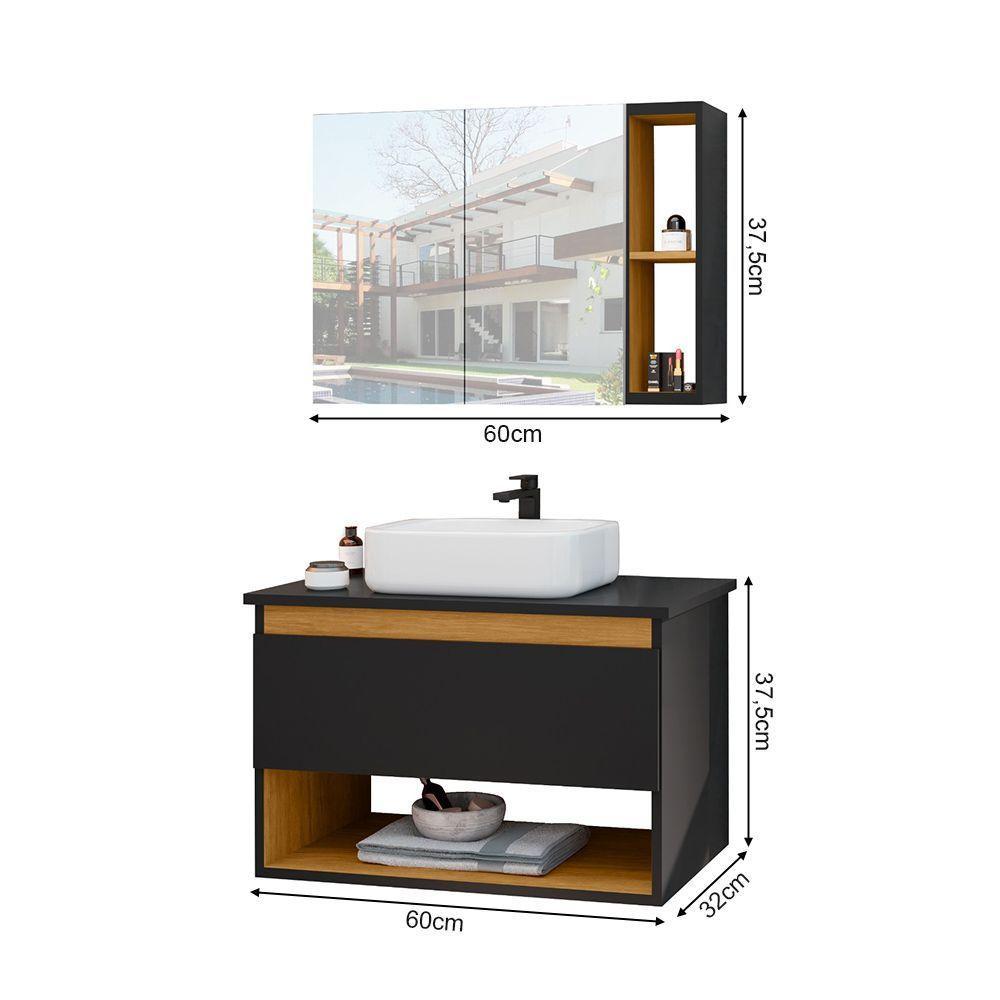 Conjunto Para Banheiro Gabinete Suspenso Com Cuba E Espelheira Florence Preto - 3