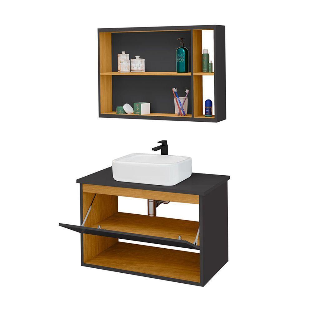 Conjunto Para Banheiro Gabinete Suspenso Com Cuba E Espelheira Florence Preto - 5