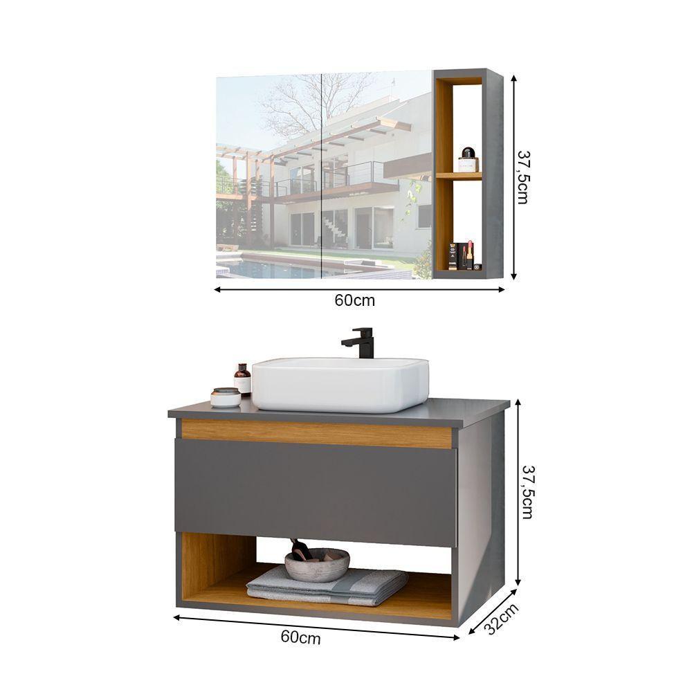 Conjunto Para Banheiro Gabinete Suspenso Com Cuba E Espelheira Florence Cinza - 3