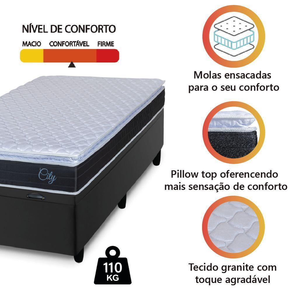 Cama Box Baú Solteiro Colchão Com Molas Ensacadas City Pillow Top 88x188x64cm Hellen Preto/branco - 6