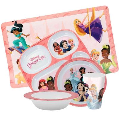 Kit Refeição Infantil Princesas Disney 5 Peças Prato Divisória, Prato Fundo, Tigela E Copo Melamina - Tuut