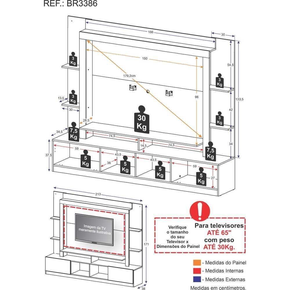 Rack Estante Com Painel E Suporte Tv 65" E 2 Portas Catar Multimóveis Br3386 Madeirado/lacca Fumê - 4