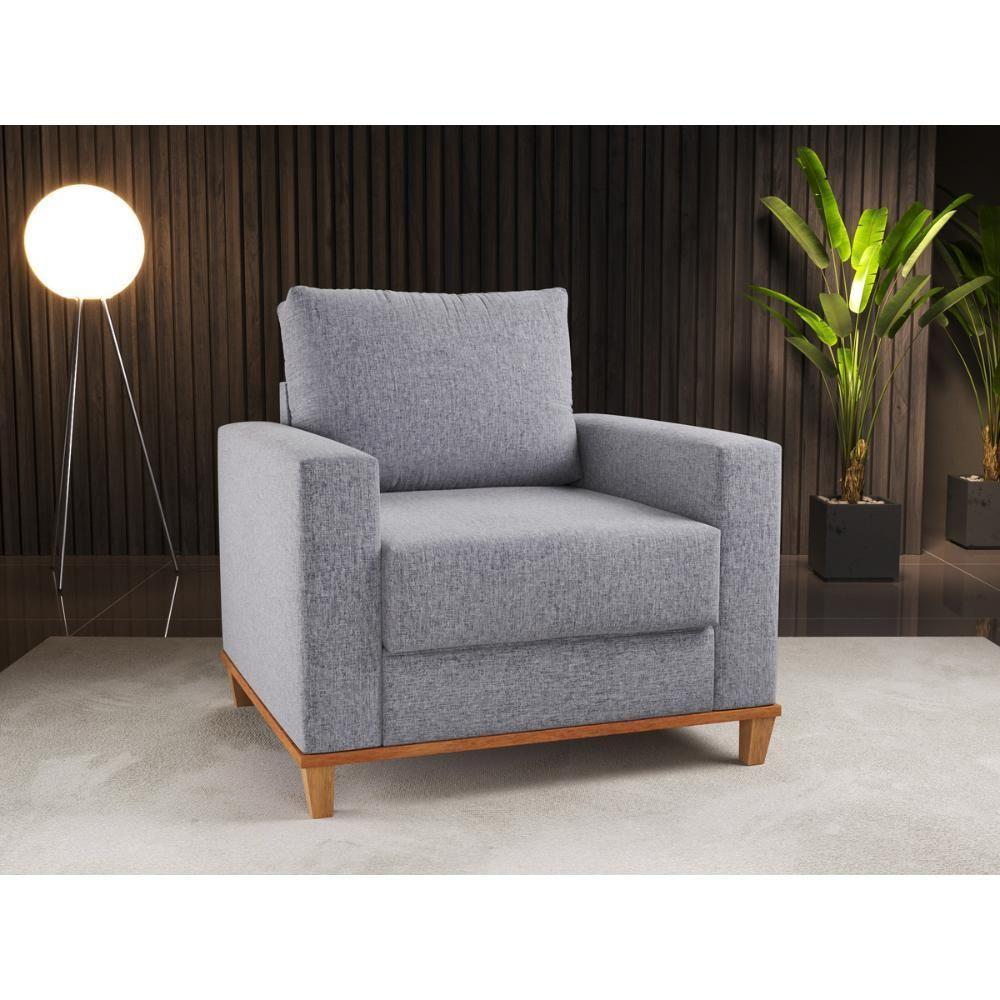 Poltrona Prada Base De Madeira Linho Cinza - 2