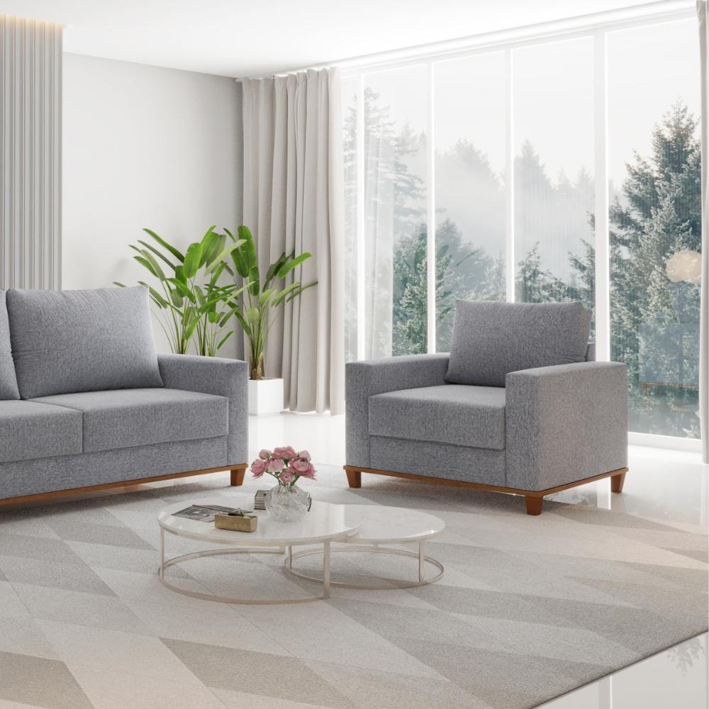 Poltrona Prada Base De Madeira Linho Cinza - 3