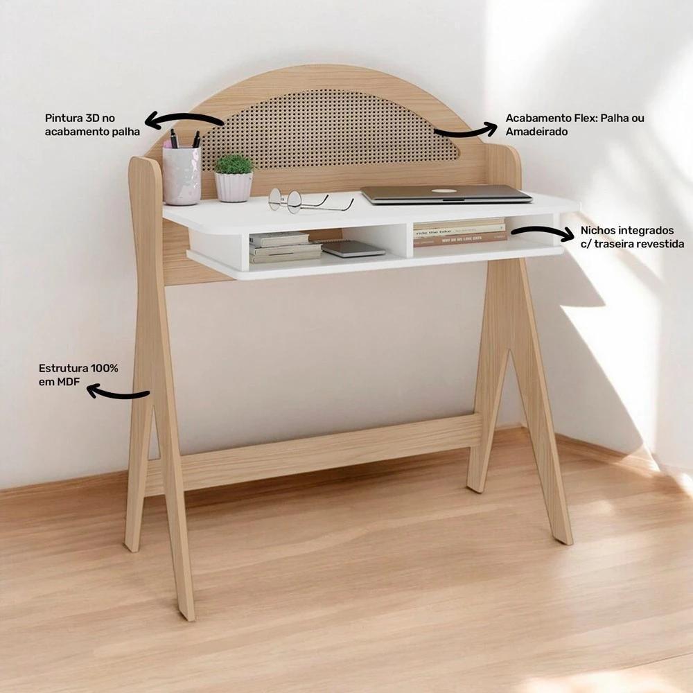 Escrivaninha Com 2 Nichos Ceci Naturale E Branco 90cm - 9