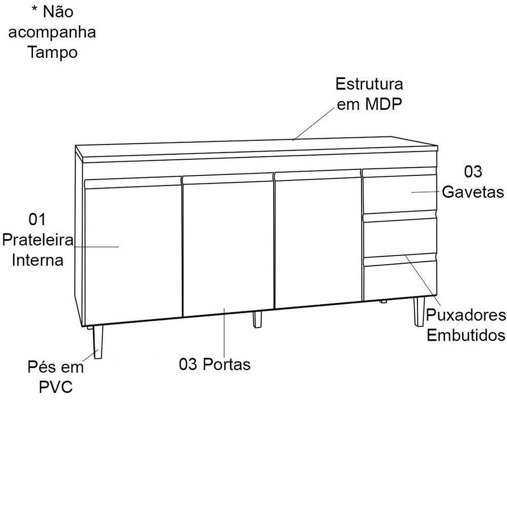 Balcão De Pia Sem Tampo 160 Cm 3 Portas 3 Gavetas Adriana Amêndoa/preto - 2