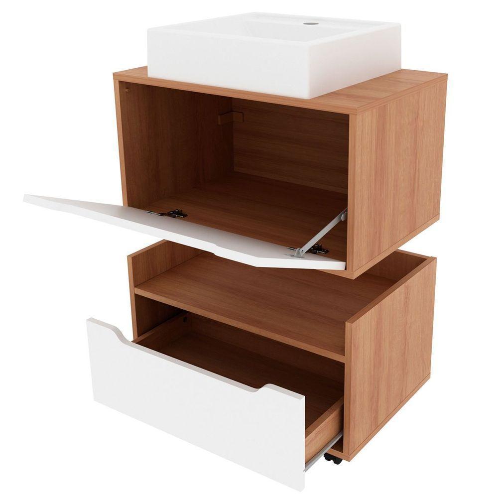 Kit Balcão E Gabinete De Banheiro Com Cuba 1 Porta 1 Gaveta Amêndoa/branco - 4