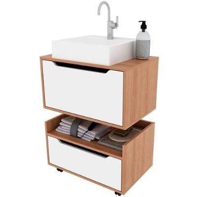 Kit Balcão E Gabinete De Banheiro Com Cuba 1 Porta 1 Gaveta Amêndoa/branco