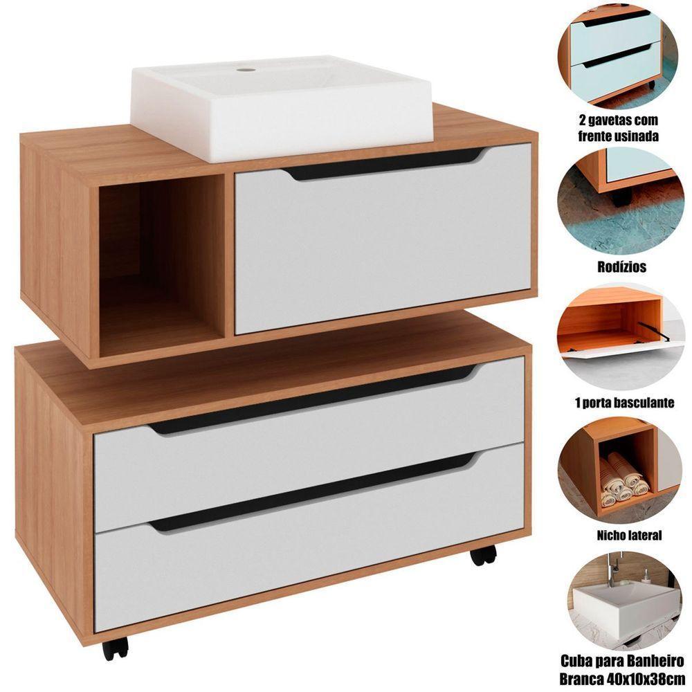 Kit Balcão E Gabinete De Banheiro Com Cuba Karina Amêndoa/branco - 2