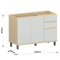 Balcão De Pia Para Cozinha 120 Cm 3 Portas 2 Gavetas Aurora Cinza Cristal