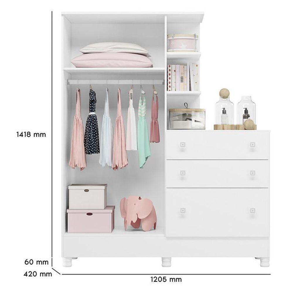 Guarda Roupa Com Cômoda Infantil Doce Sonho 2 Portas E 3 Gavetas Branco Com Pés - Qmovi Branco - 4
