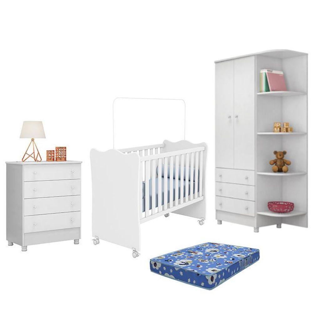 Dormitório Doce Sonho 2 Portas, Cômoda 4 Gavetas E Berço Branco Com Rodízio E Colchão - Qmovi Branco - 1