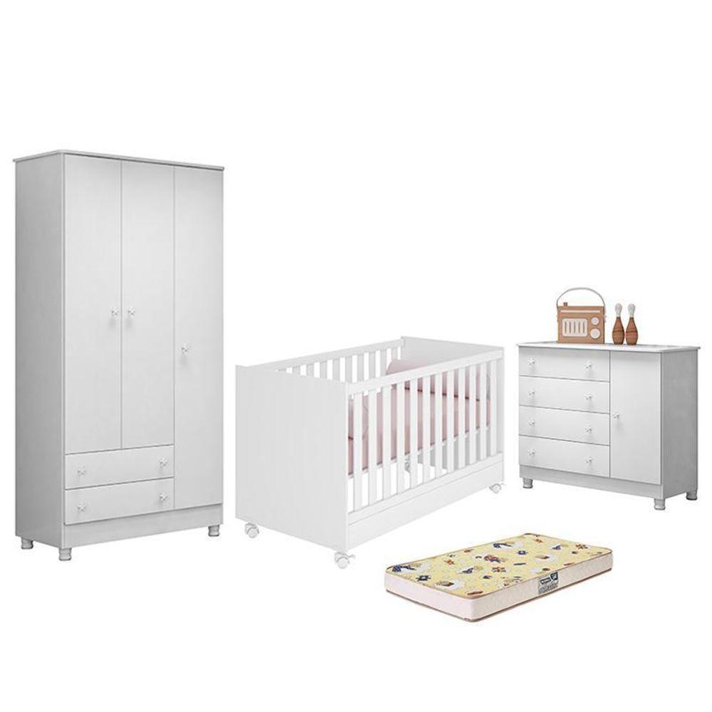 Dormitório Doce Sonho 3 Portas, Cômoda 1 Porta, Berço Mini Cama Branco Com Rodízio E Colchão D18 - Qmovi Branco - 1