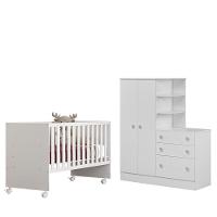 Dormitório Infantil Doce Sonho Guarda Roupa Com Cômoda E Berço Reto Branco - Qmovi Branco - 1