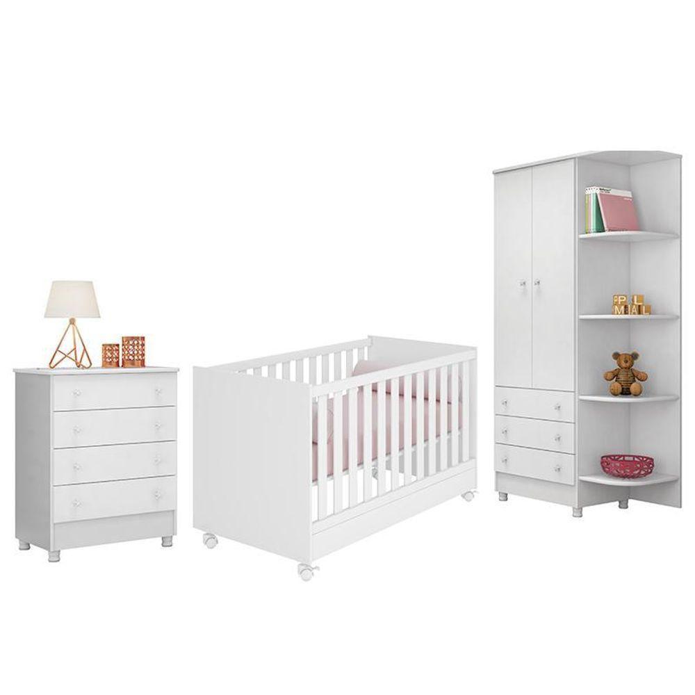 Dormitório Infantil Doce Sonho 2 Portas, Cômoda 4 Gavetas E Berço Mini Cama Branco Com Rodízio - Qmovi Branco - 1