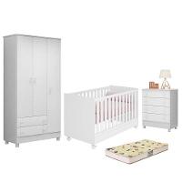 Dormitório Doce Sonho 3 Portas, Cômoda 4 Gavetas, Berço Mini Cama Branco Com Rodízio E Colchão D18 - Qmovi Branco - 1