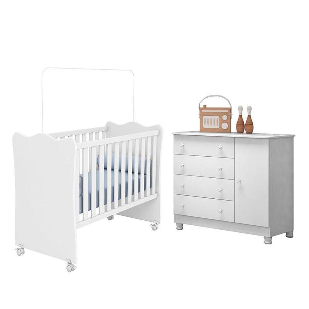 Jogo De Quarto Infantil Doce Sonho Cômoda 1 Porta E Berço Branco Com Rodízio - Qmovi Branco - 1
