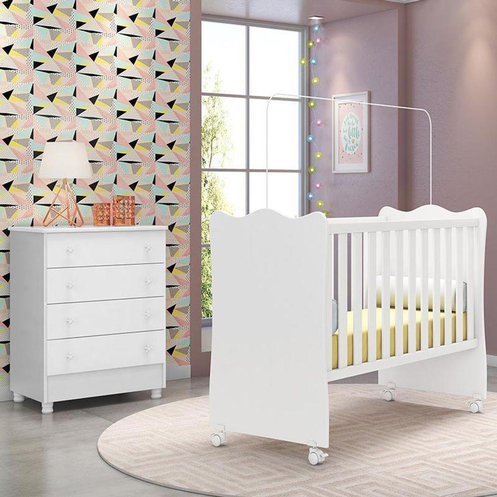Jogo De Quarto Infantil Doce Sonho Cômoda 4 Gavetas E Berço Branco Com Rodízio - Qmovi Branco - 6