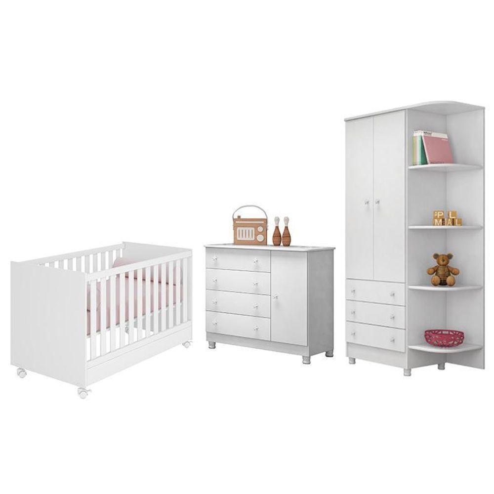 Dormitório Doce Sonho 2 Portas, Cômoda 1 Porta E Berço Mini Cama Branco Com Rodízio - Qmovi Branco - 1