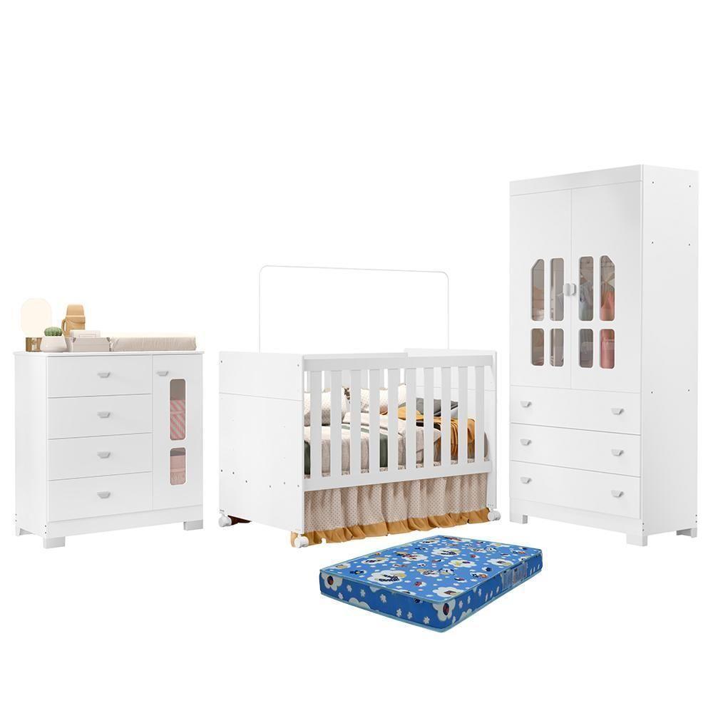 Dormitório Infantil New Katatau Guarda Roupa, Cômoda E Berço Branco Brilho Com Colchão Baby Physical - Reller Móveis Branco Brilho - 1