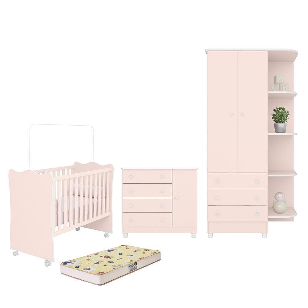 Dormitório Doce Sonho 2 Portas, Cômoda 1 Porta, Berço Rosa Acetinado Com Rodízio E Colchão D18 - Qmovi Rosa Acetinado - 1