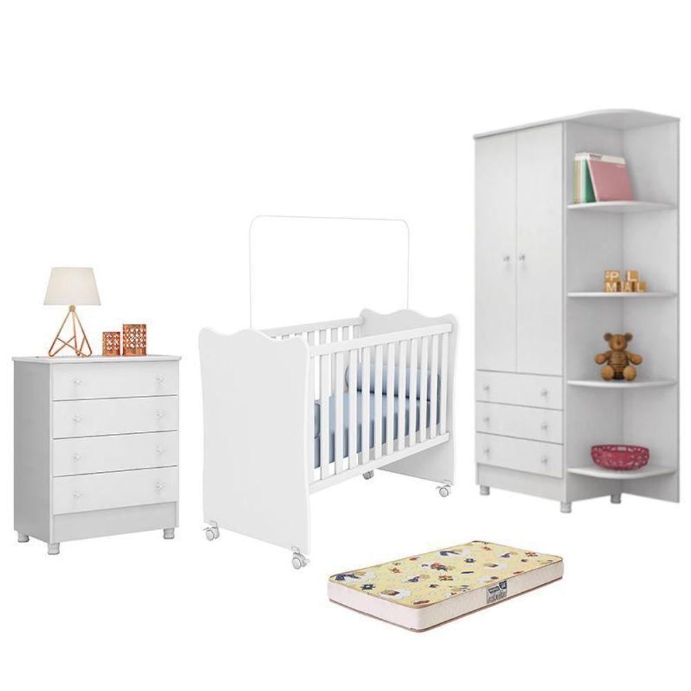 Dormitório Doce Sonho 2 Portas, Cômoda 4 Gavetas E Berço Branco Com Rodízio E Colchão D18 - Qmovi Branco - 1