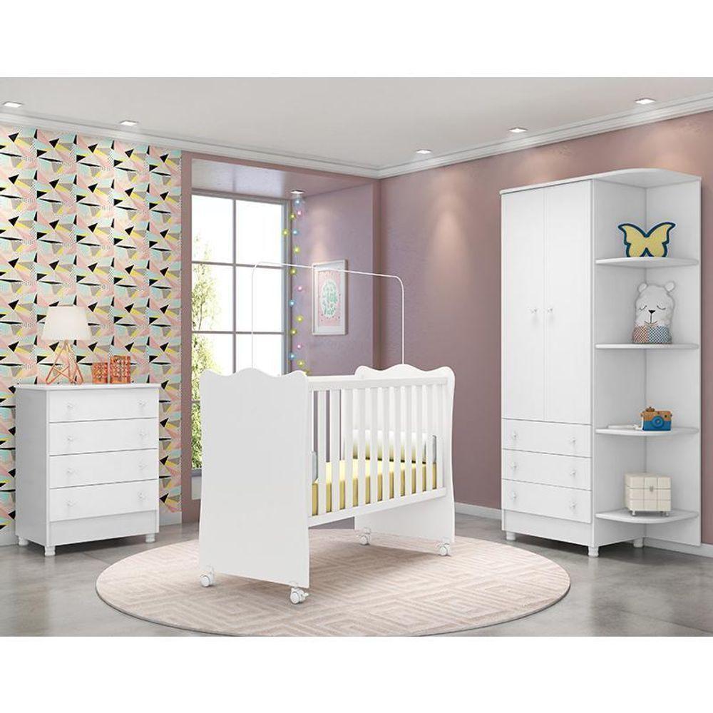 Dormitório Doce Sonho 2 Portas, Cômoda 4 Gavetas E Berço Branco Com Rodízio E Colchão D18 - Qmovi Branco - 2