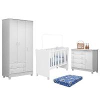 Dormitório Doce Sonho 3 Portas, Cômoda 1 Porta, Berço Branco Com Rodízio E Colchão - Qmovi Branco - 1