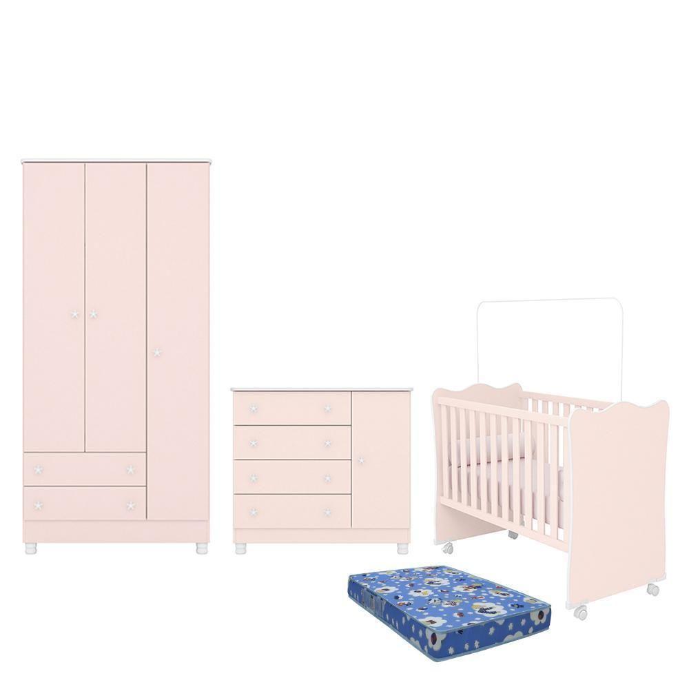 Dormitório Doce Sonho 3 Portas, Cômoda 1 Porta, Berço Rosa Acetinado Com Rodízio E Colchão - Qmovi Rosa Acetinado - 1