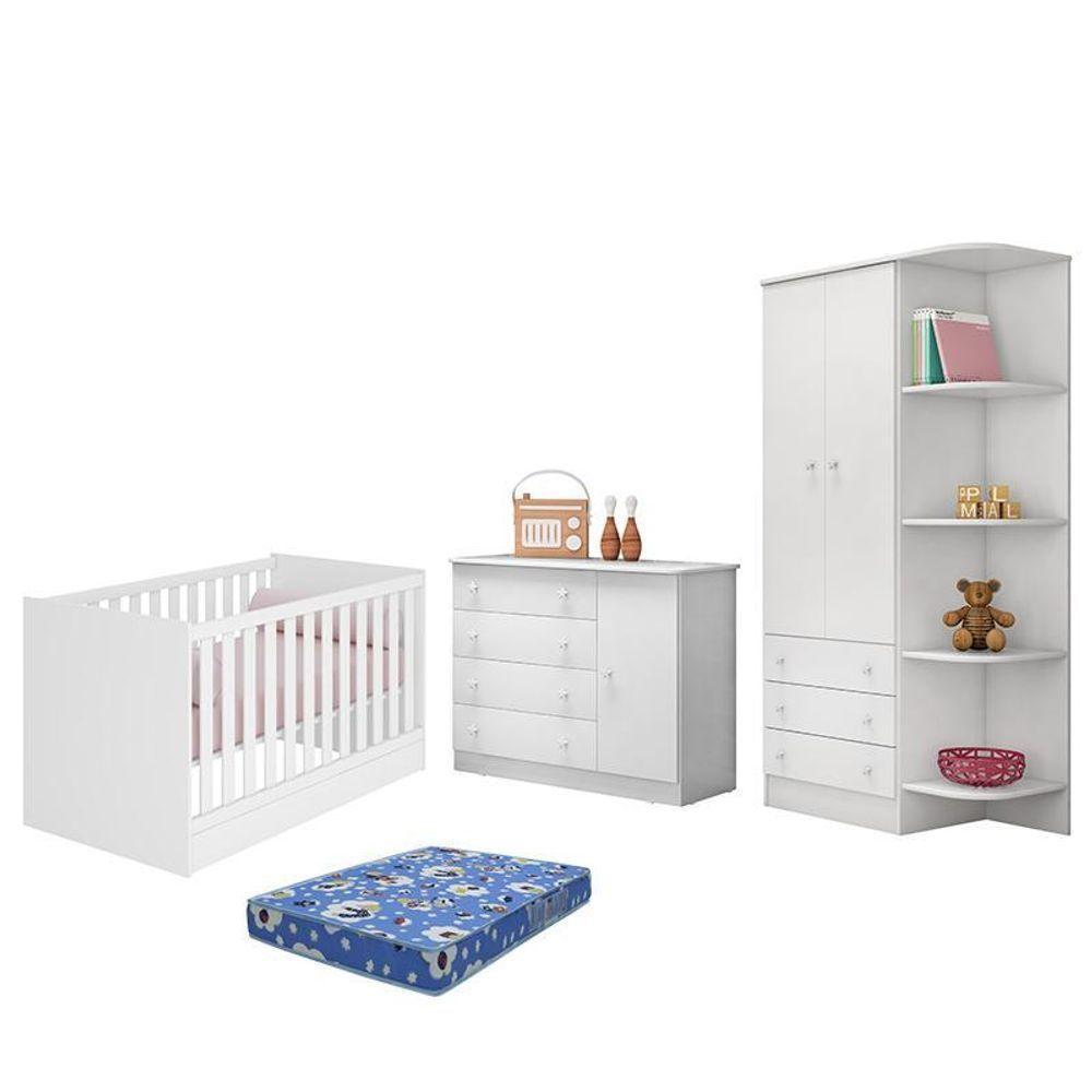 Dormitório Doce Sonho 2 Portas, Cômoda 1 Porta E Berço Mini Cama Branco Com Colchão - Qmovi Branco - 1
