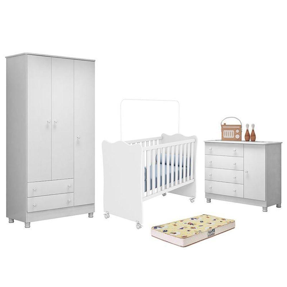 Dormitório Doce Sonho 3 Portas, Cômoda 1 Porta, Berço Branco Com Rodízio E Colchão D18 - Qmovi Branco - 1