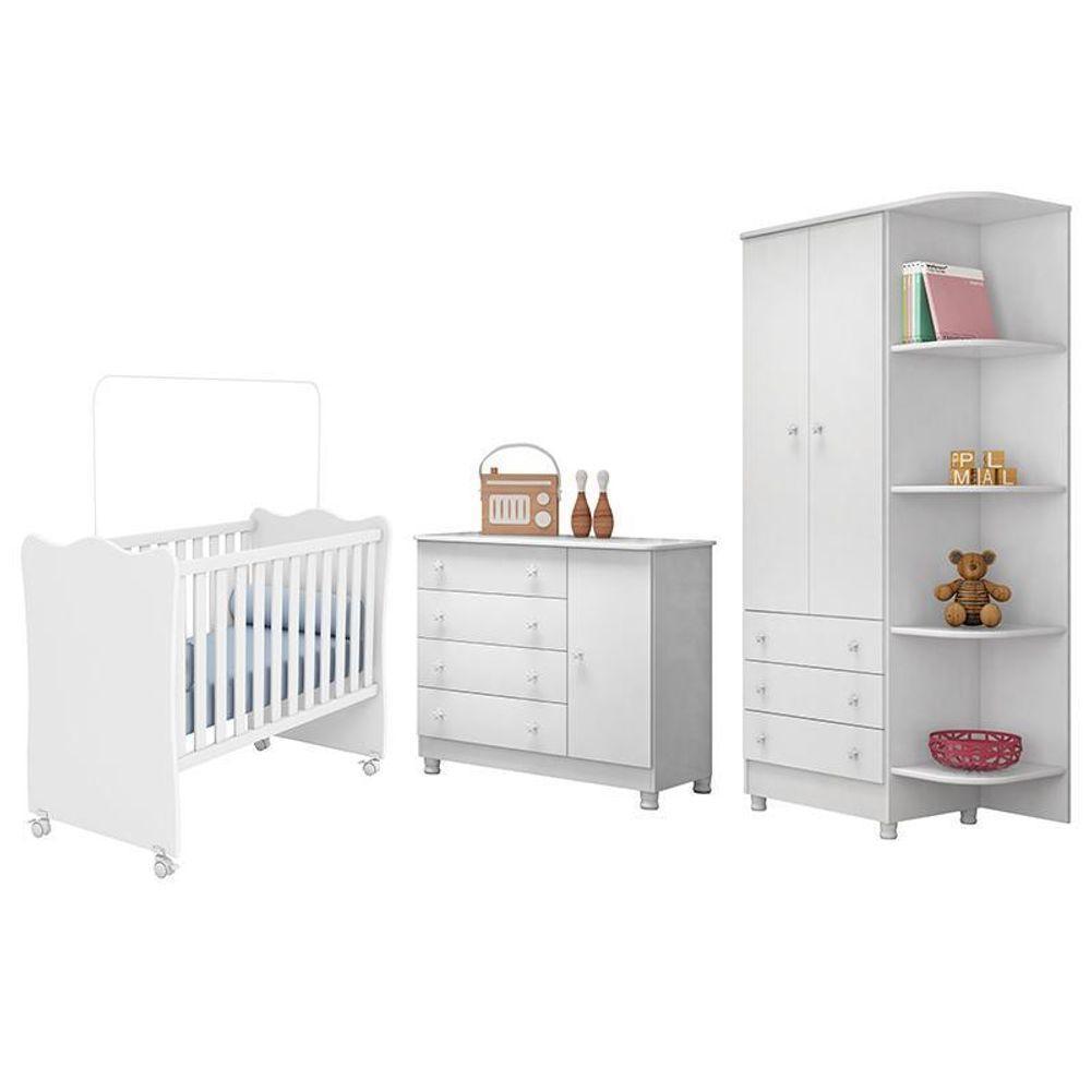 Dormitório Infantil Doce Sonho 2 Portas, Cômoda 1 Porta E Berço Branco Com Rodízio - Qmovi Branco - 1