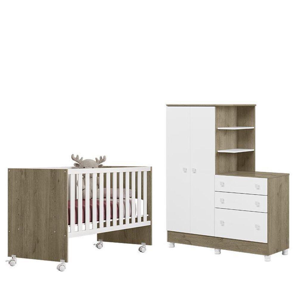 Dormitório Doce Sonho Guarda Roupa Com Cômoda Com Pés E Berço Reto Carvalho/branco - Qmovi Carvalho/branco - 1