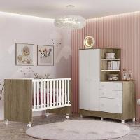 Dormitório Doce Sonho Guarda Roupa Com Cômoda Com Pés E Berço Reto Carvalho/branco - Qmovi Carvalho/branco - 2