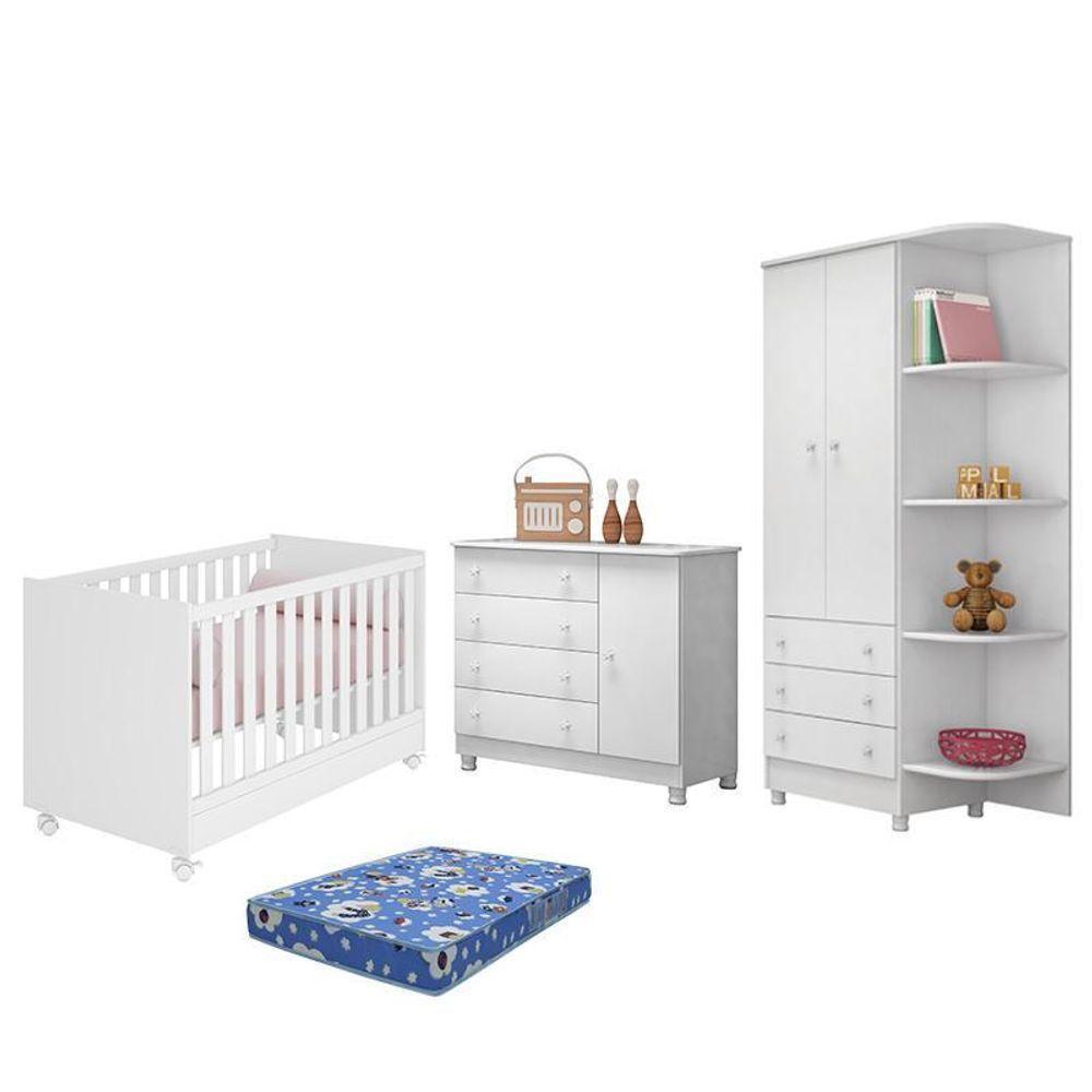 Dormitório Doce Sonho 2 Portas, Cômoda 1 Porta, Berço Mini Cama Branco Com Rodízio E Colchão - Qmovi Branco - 1