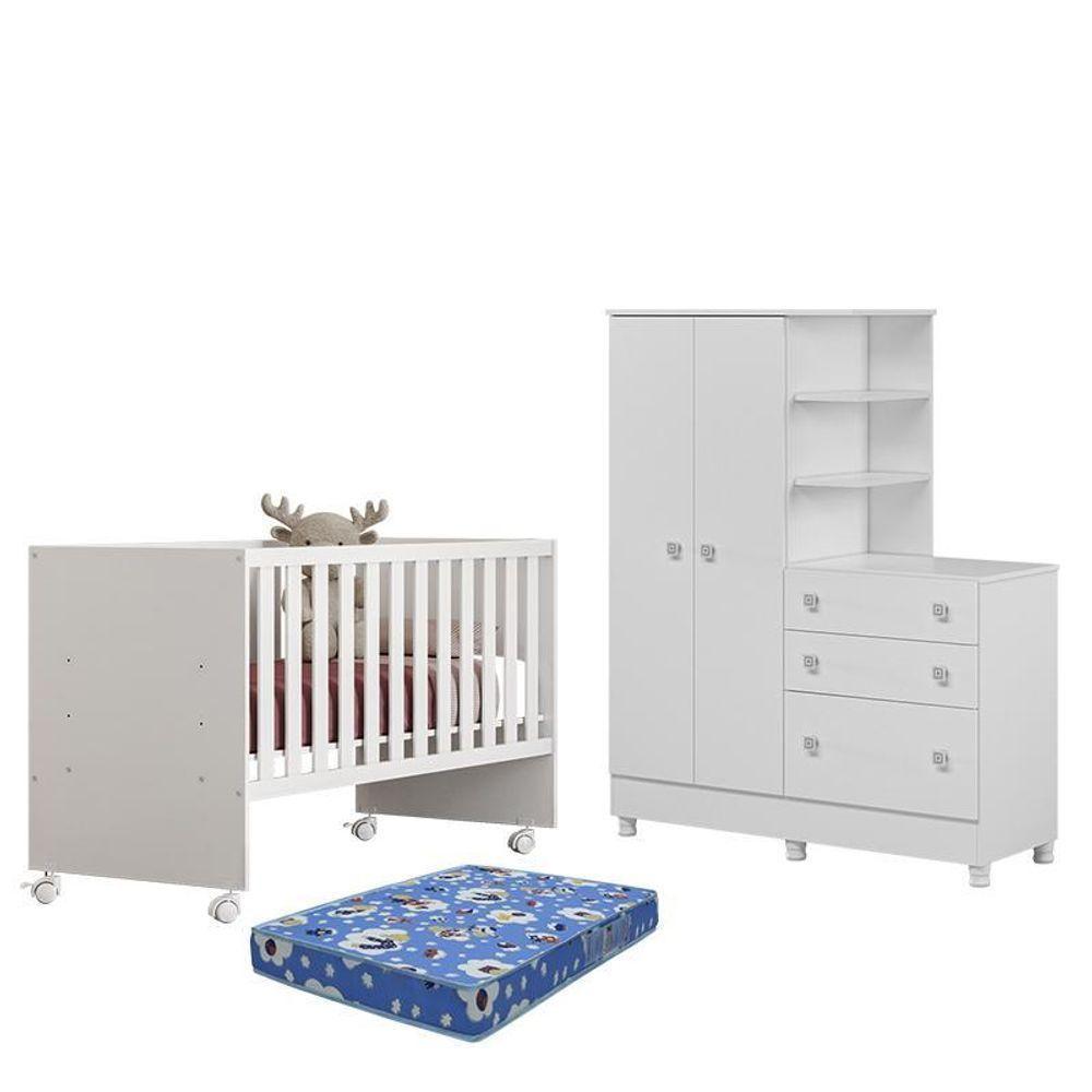 Dormitório Doce Sonho Guarda Roupa Com Cômoda Com Pés, Berço Reto Branco E Colchão Physical - Qmovi Branco - 1