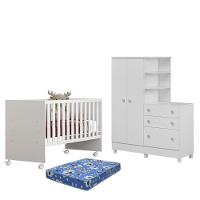 Dormitório Doce Sonho Guarda Roupa Com Cômoda Com Pés, Berço Reto Branco E Colchão Physical - Qmovi Branco - 1