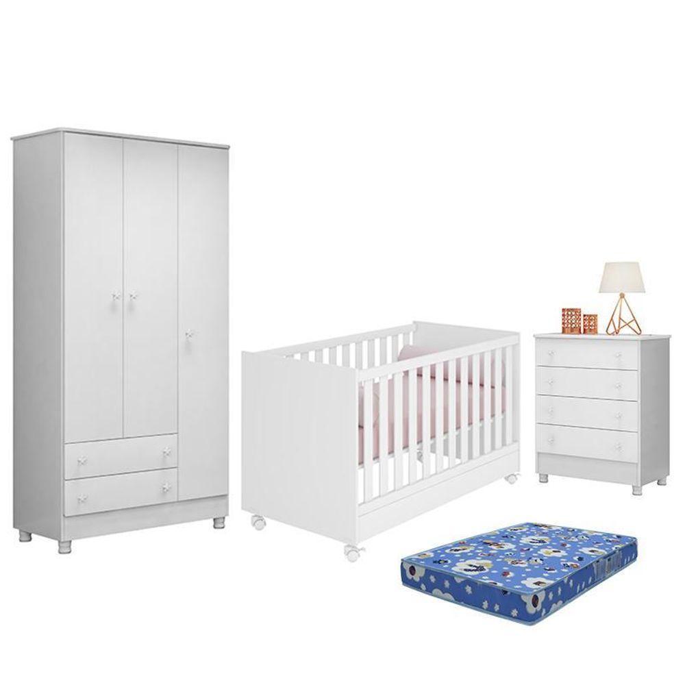 Dormitório Doce Sonho 3 Portas, Cômoda 4 Gavetas, Berço Mini Cama Branco Com Rodízio E Colchão - Qmovi Branco - 1
